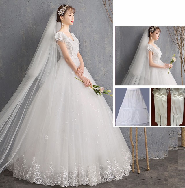 ウェディングドレス 袖あり 半袖 プリンセスライン ハイウエスト 刺繍 6L 5L 手袋 セット 7L 3L 4L ウエストマーク 大きいサイズ ベール マタニティドレス 