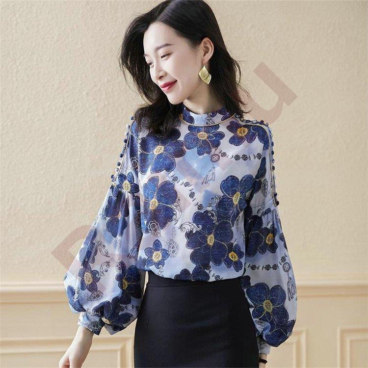 シャツ トップス プルオーバー シャツブラウス ブラウス レディース 春 柄 パフスリーブ 30代 スタンド花柄 秋 春秋 通気性 長袖 ゆったり 