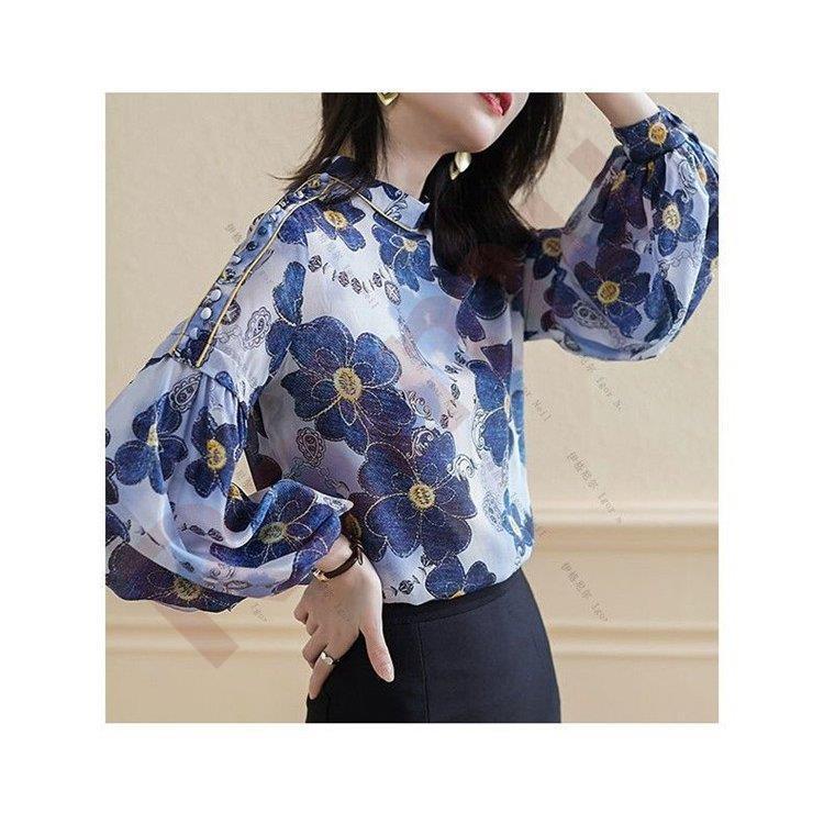 シャツ トップス プルオーバー シャツブラウス ブラウス レディース 春 柄 パフスリーブ 30代 スタンド花柄 秋 春秋 通気性 長袖 ゆったり 