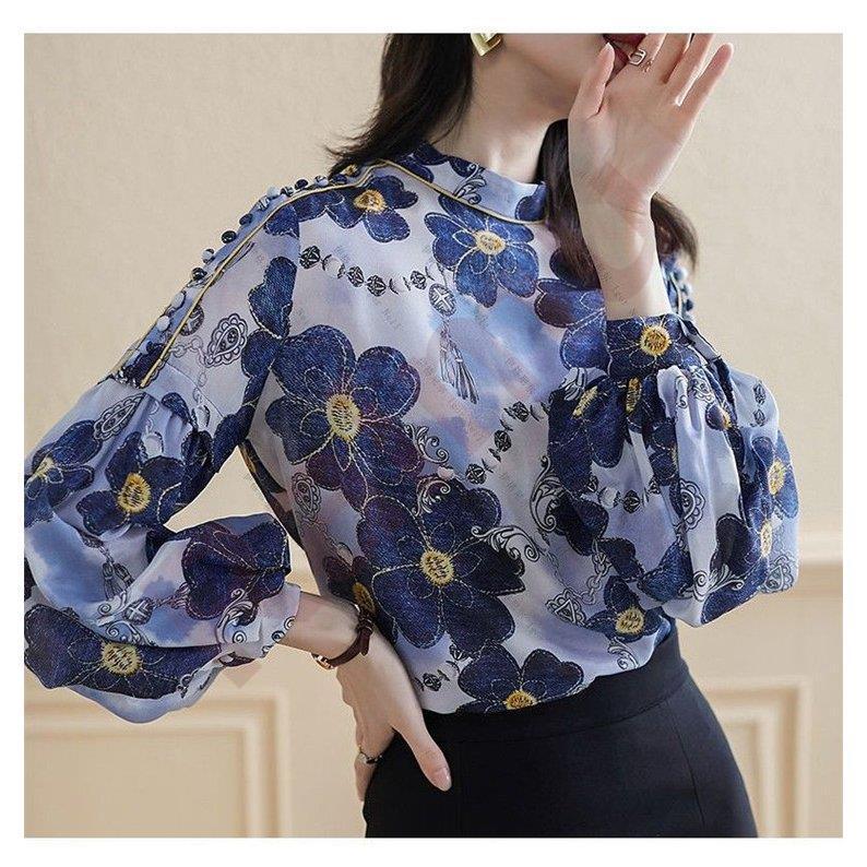 シャツ トップス プルオーバー シャツブラウス ブラウス レディース 春 柄 パフスリーブ 30代 スタンド花柄 秋 春秋 通気性 長袖 ゆったり 