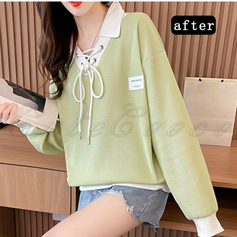 ポロ襟 スウェット レディース 切り替え トレーナー 配色 ルーズフィット プルオーバー 冬 ゆったり ボリューム袖 送料無料 おしゃれ 春 トップス 長袖 秋 