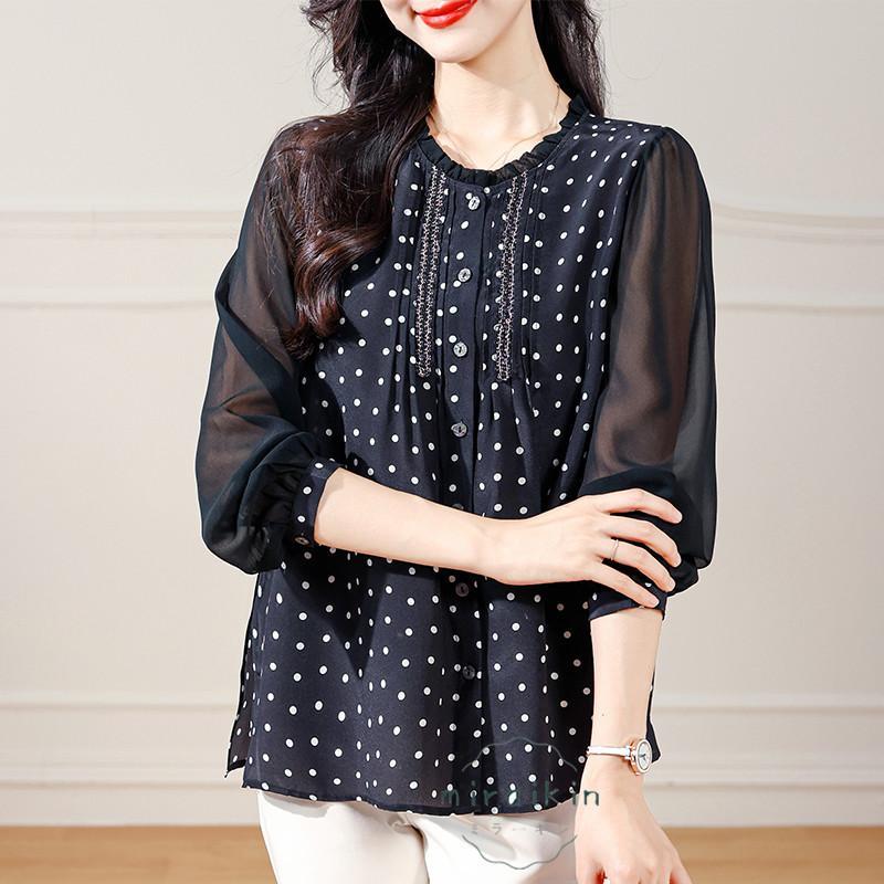 ブラウスドット柄 レディーストップス 秋物 袖透け感 さらっと シルク 黒ブラウス フォーマル30代 丸首 長袖 黒シャツ 上品40代50代 前開き 長袖ブラウス 