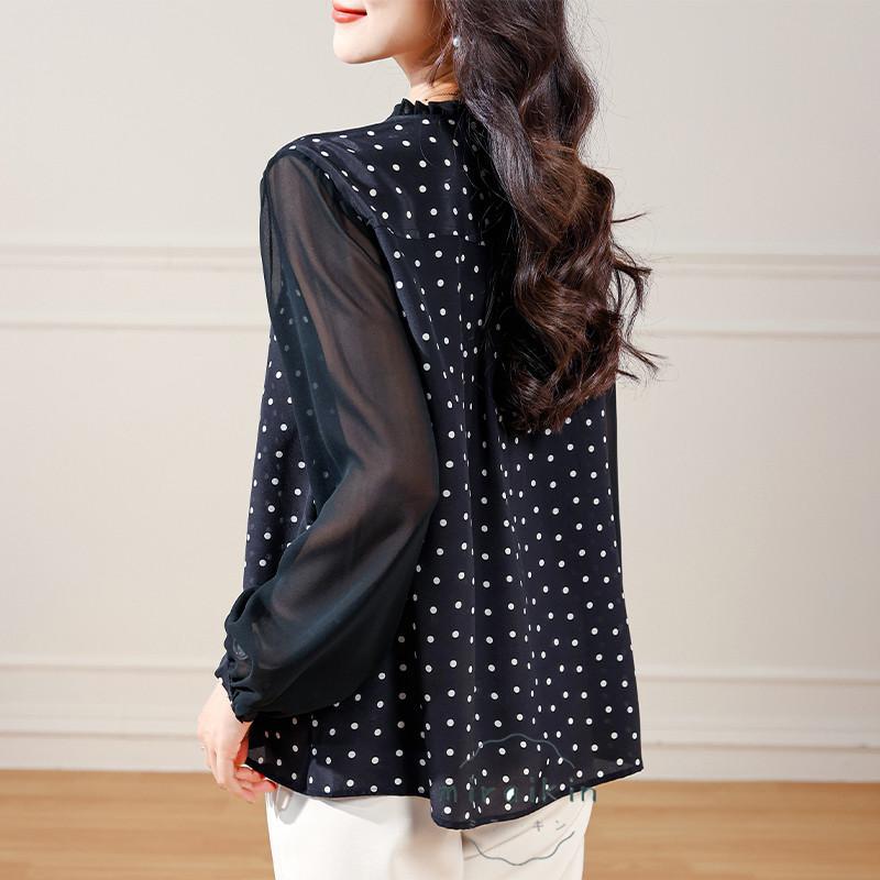 ブラウスドット柄 レディーストップス 秋物 袖透け感 さらっと シルク 黒ブラウス フォーマル30代 丸首 長袖 黒シャツ 上品40代50代 前開き 長袖ブラウス 