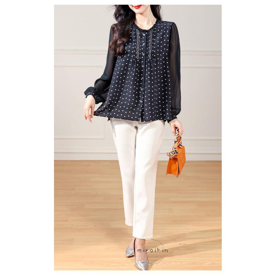 ブラウスドット柄 レディーストップス 秋物 袖透け感 さらっと シルク 黒ブラウス フォーマル30代 丸首 長袖 黒シャツ 上品40代50代 前開き 長袖ブラウス 