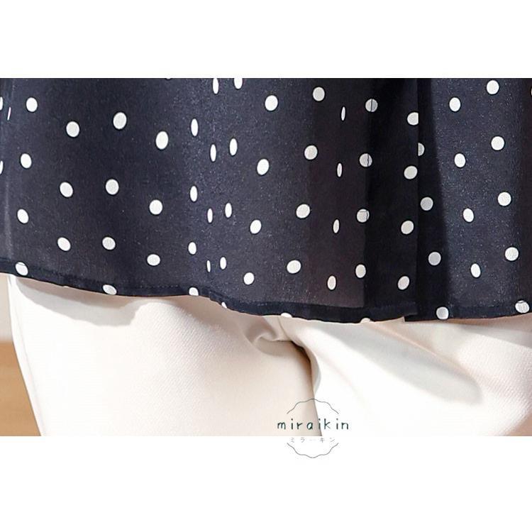 ブラウスドット柄 レディーストップス 秋物 袖透け感 さらっと シルク 黒ブラウス フォーマル30代 丸首 長袖 黒シャツ 上品40代50代 前開き 長袖ブラウス 