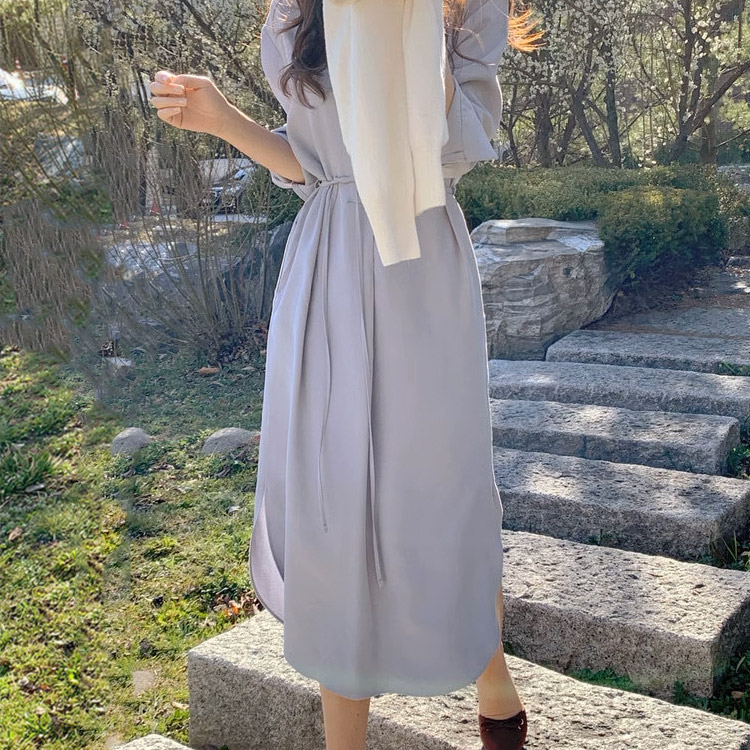 ワンピース レディース 長袖 シャツワンピース ミモレ丈 Vネック シンプル オープンエレ無地 おしゃれ スリット ウエストマーク 