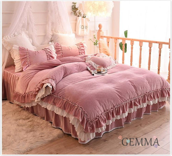 送料無料 布団カバー ベッドカバー 枕カバー ふわふわ モコもこ フランネル 3点セット 女の子 プリーツ 姫系 4点セット プレゼント 起毛 