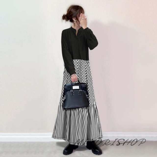 ワンピース レディース 春 秋 長袖 ロングワンピース切り替えワンピ ゆったり マキシ丈 可愛い 通学 秋服 通勤 体型カバー 