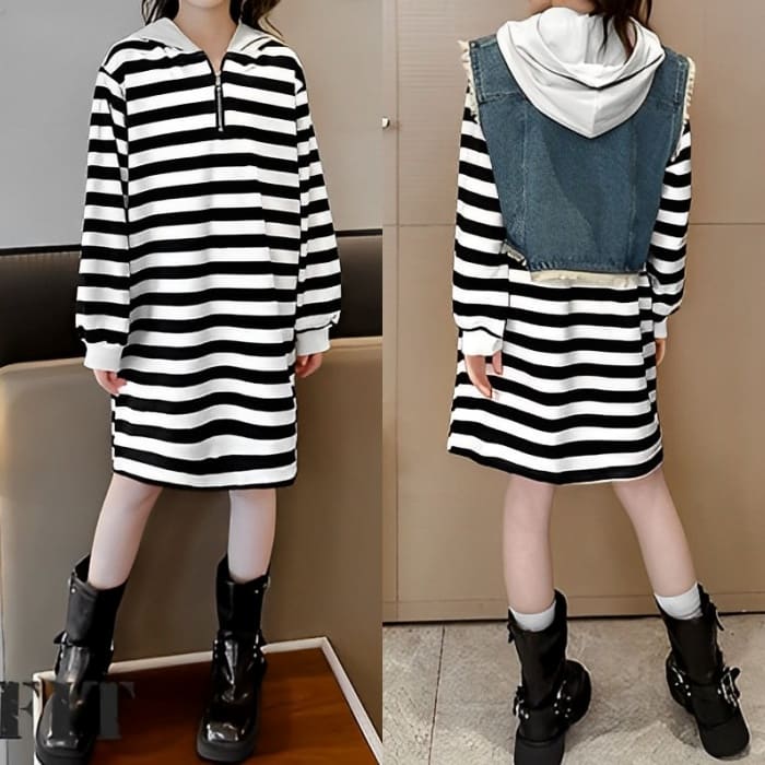 小学生 女の子 セットアップ デニム ベスト ボーダー 可愛い 春秋 韓国 長袖 フード付き ワンピース カジュアル ガーダンス 2点セット 