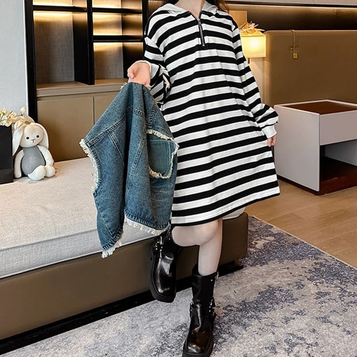 小学生 女の子 セットアップ デニム ベスト ボーダー 可愛い 春秋 韓国 長袖 フード付き ワンピース カジュアル ガーダンス 2点セット 