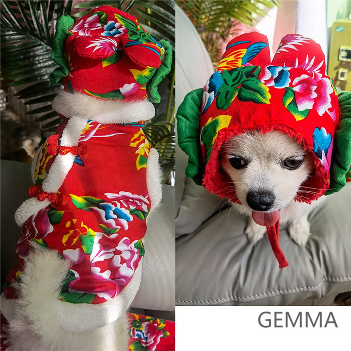 犬服 チャイナ風 花柄 グリーン レッド ドッグウェア 暖かい 犬の服 いぬ 可愛い 小型犬 猫服 ペットウェア 送料無料 春節 
