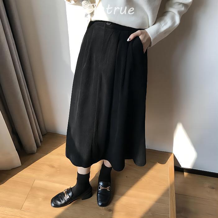 スカート ロング丈 レディース 40代 秋冬 コーデュロイスカート 大人 ハイウェストボトムスオシャレ Aラインスカートミディアム丈 フレアスカート 着痩せ 黒 