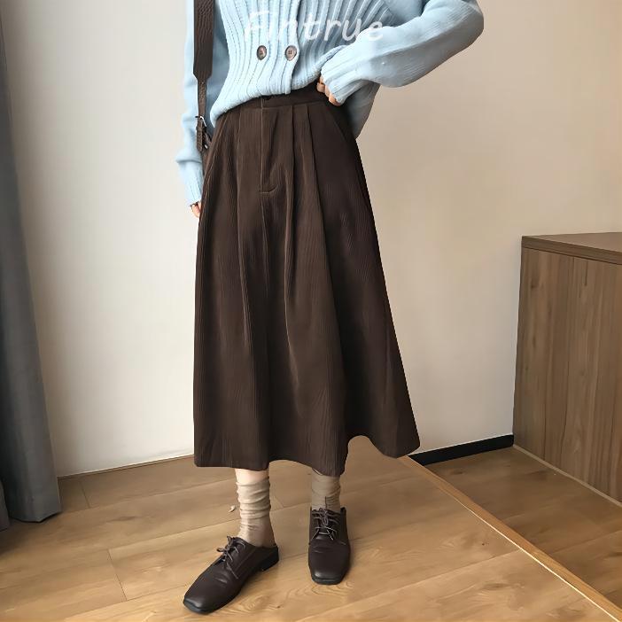 スカート ロング丈 レディース 40代 秋冬 コーデュロイスカート 大人 ハイウェストボトムスオシャレ Aラインスカートミディアム丈 フレアスカート 着痩せ 黒 