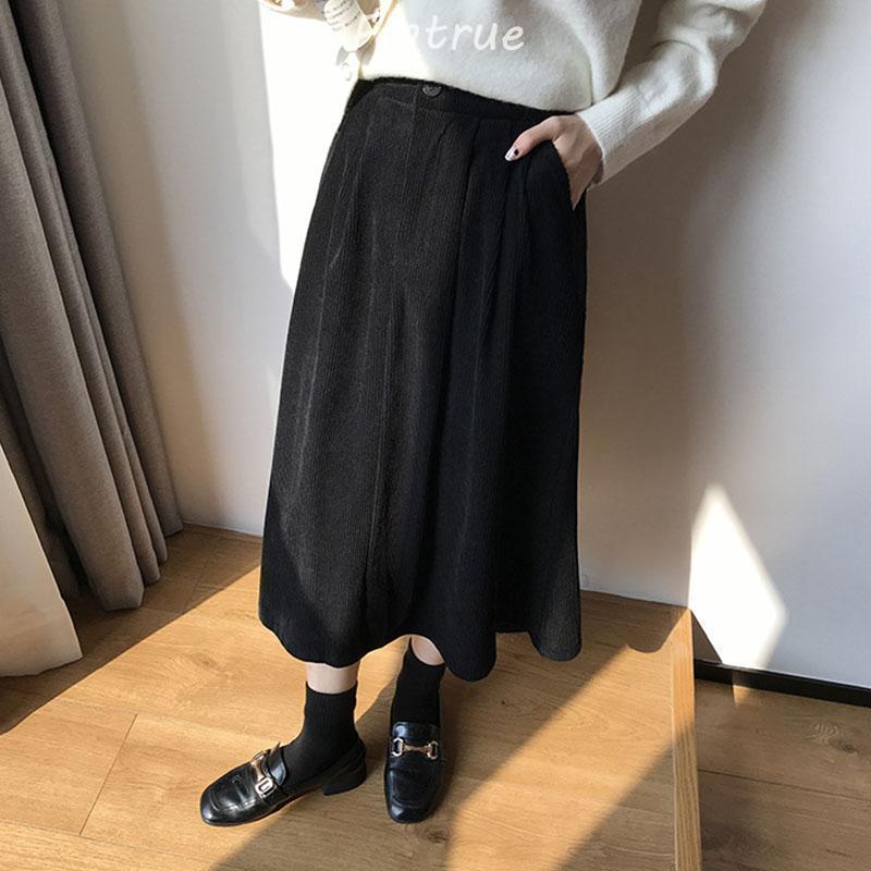 スカート ロング丈 レディース 40代 秋冬 コーデュロイスカート 大人 ハイウェストボトムスオシャレ Aラインスカートミディアム丈 フレアスカート 着痩せ 黒 