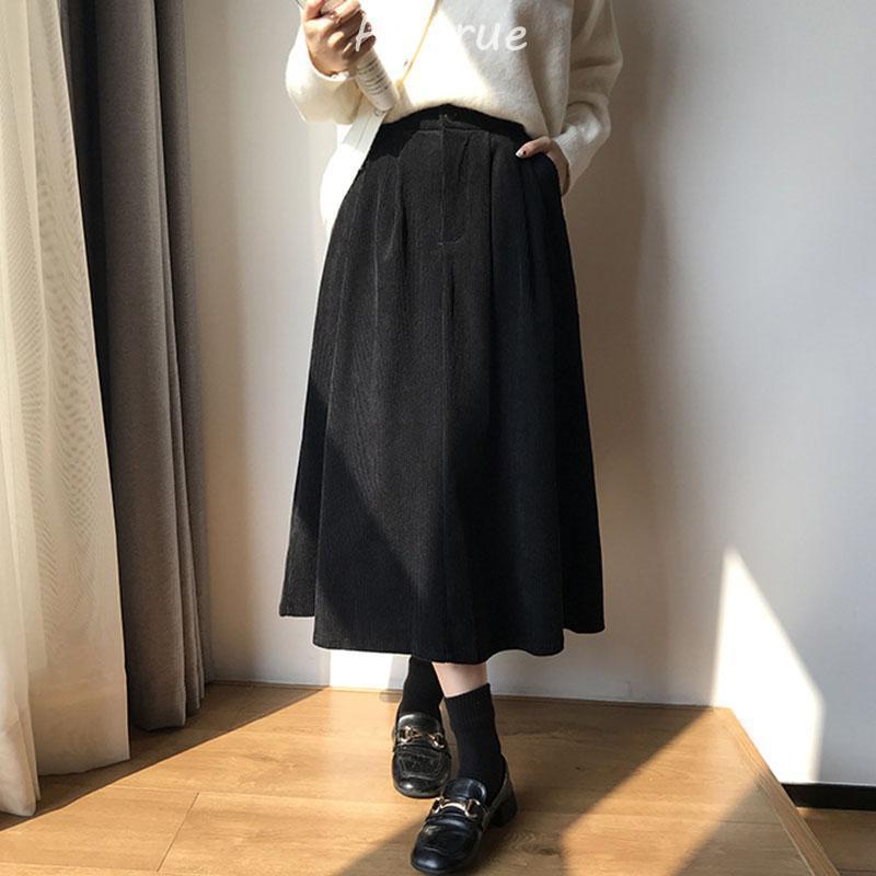 スカート ロング丈 レディース 40代 秋冬 コーデュロイスカート 大人 ハイウェストボトムスオシャレ Aラインスカートミディアム丈 フレアスカート 着痩せ 黒 