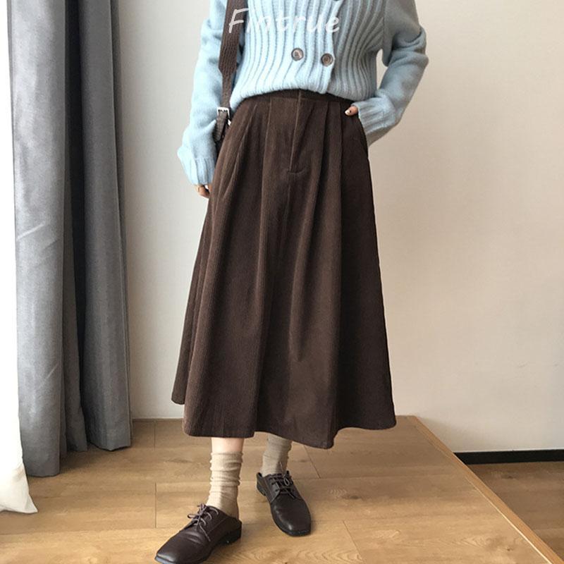 スカート ロング丈 レディース 40代 秋冬 コーデュロイスカート 大人 ハイウェストボトムスオシャレ Aラインスカートミディアム丈 フレアスカート 着痩せ 黒 
