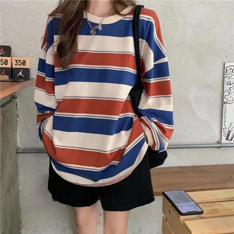 カットソー レディース Tシャツ ストライプ トップス ゆるTシャツ カジュアル 長袖 重ね着 かわいい 体型カバー ロングT 薄手 インナー 