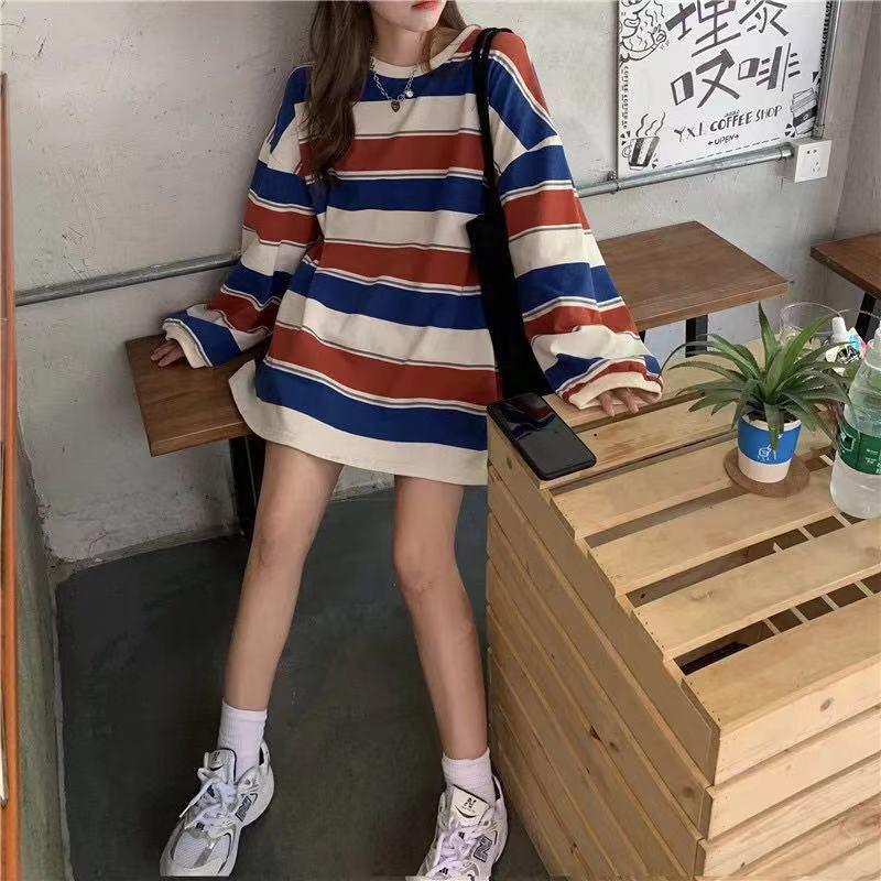 カットソー レディース Tシャツ ストライプ トップス ゆるTシャツ カジュアル 長袖 重ね着 かわいい 体型カバー ロングT 薄手 インナー 