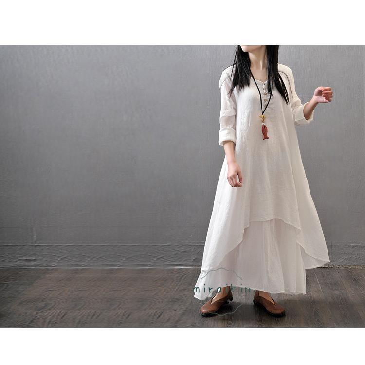 アジアンストア ワンピース 長袖 秋服 レディース 重ね着風 リネン 綿麻風 ミモレ丈 黒 レイヤード風 40代50代60代 フAライン 小さい ロングワンピース 