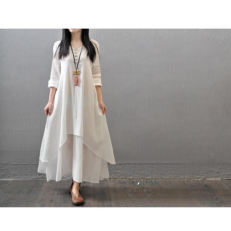 アジアンストア ワンピース 長袖 秋服 レディース 重ね着風 リネン 綿麻風 ミモレ丈 黒 レイヤード風 40代50代60代 フAライン 小さい ロングワンピース 