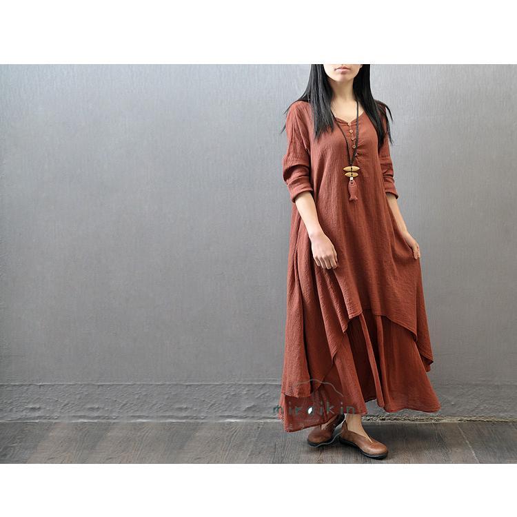 アジアンストア ワンピース 長袖 秋服 レディース 重ね着風 リネン 綿麻風 ミモレ丈 黒 レイヤード風 40代50代60代 フAライン 小さい ロングワンピース 