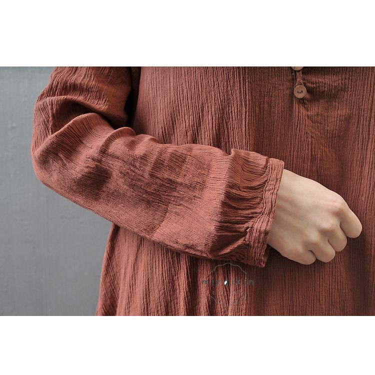アジアンストア ワンピース 長袖 秋服 レディース 重ね着風 リネン 綿麻風 ミモレ丈 黒 レイヤード風 40代50代60代 フAライン 小さい ロングワンピース 