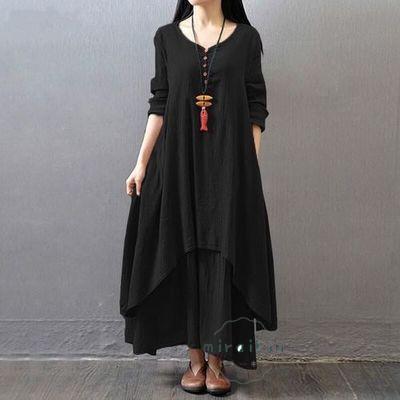 アジアンストア ワンピース 長袖 秋服 レディース 重ね着風 リネン 綿麻風 ミモレ丈 黒 レイヤード風 40代50代60代 フAライン 小さい ロングワンピース 