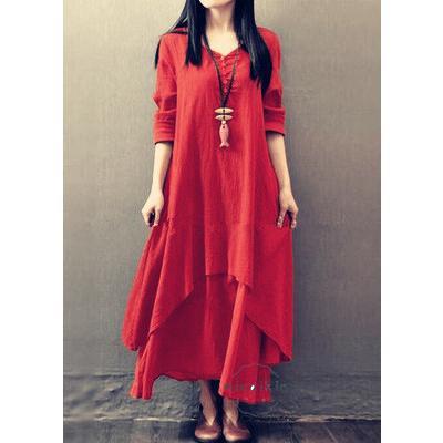 アジアンストア ワンピース 長袖 秋服 レディース 重ね着風 リネン 綿麻風 ミモレ丈 黒 レイヤード風 40代50代60代 フAライン 小さい ロングワンピース 