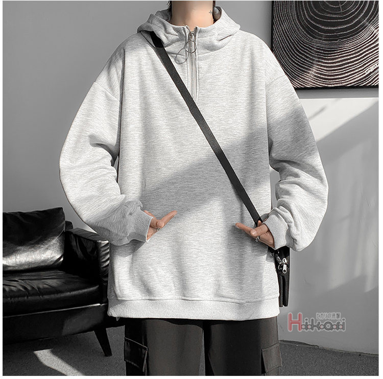 ハーフジップ メンズ 長袖 ハイネック プルオーバー無地 スウェットトップス ハイネック フーディー 