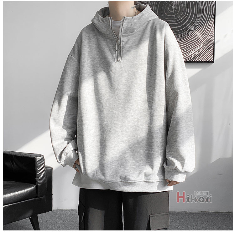 ハーフジップ メンズ 長袖 ハイネック プルオーバー無地 スウェットトップス ハイネック フーディー 