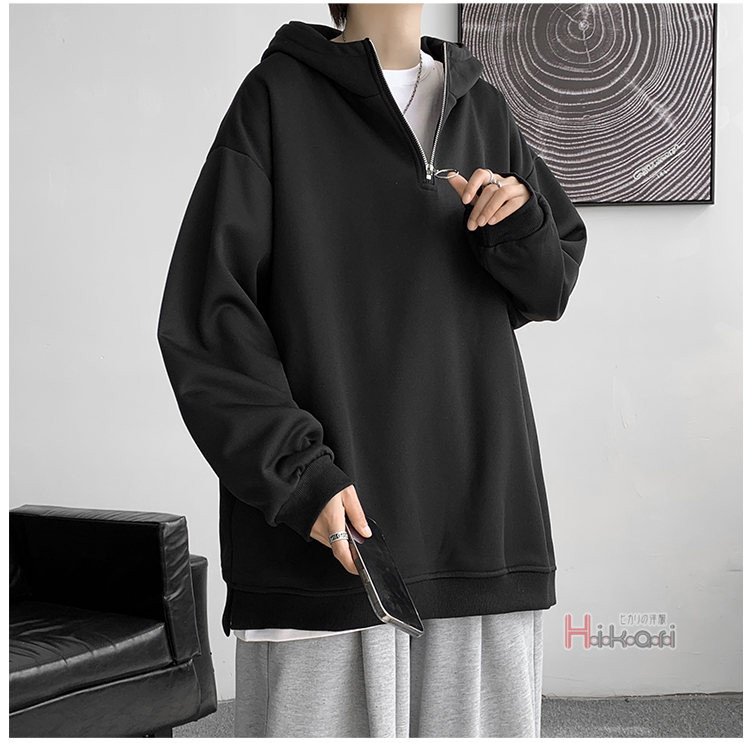 ハーフジップ メンズ 長袖 ハイネック プルオーバー無地 スウェットトップス ハイネック フーディー 