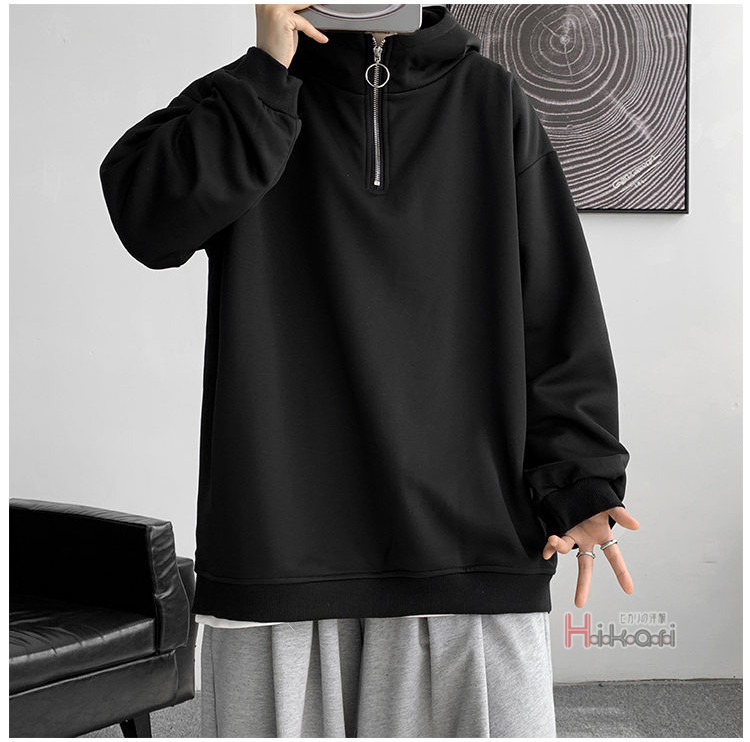 ハーフジップ メンズ 長袖 ハイネック プルオーバー無地 スウェットトップス ハイネック フーディー 