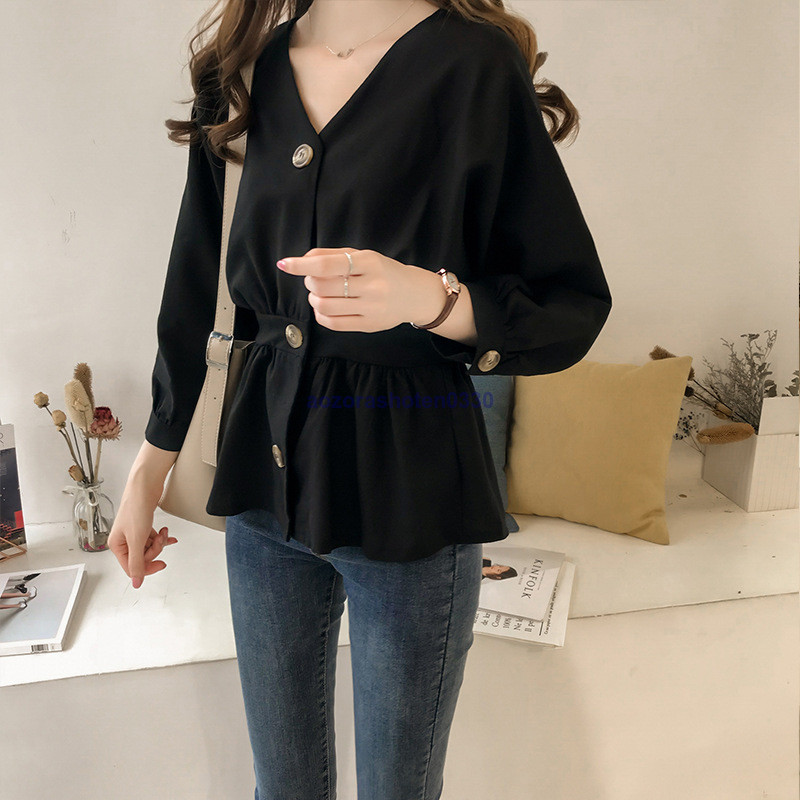 ブラウス Vネック 長袖 秋服 ボタン フゆったり カジュアル きれいめ 無地 着やせ おしゃれ プリーツ オシャレ 
