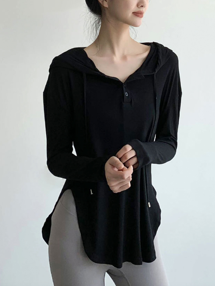 スポーツウェア レディース Tシャツ 長袖 ロンＴ フード付き ジム ゆったり 無地 フィットネス 薄手 長め ヨガ フーディー ロング丈 スポーツ 