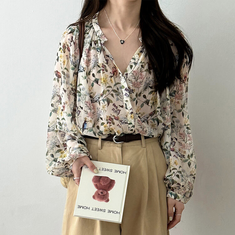 ブラウス レディース 韓国 長袖 トップス 花柄 ボタニカル バルーンスリーブ ギャザー レトロ ボヘミアン シフォン ノーおしゃれ 