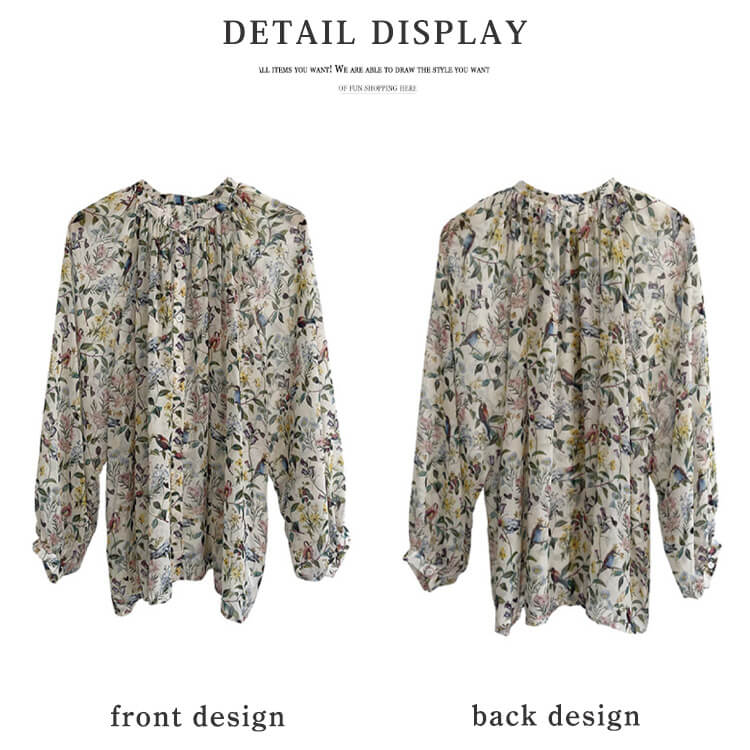ブラウス レディース 韓国 長袖 トップス 花柄 ボタニカル バルーンスリーブ ギャザー レトロ ボヘミアン シフォン ノーおしゃれ 