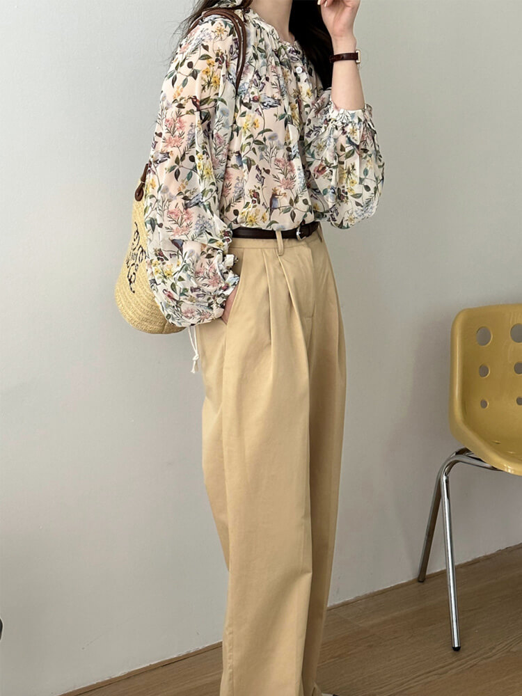 ブラウス レディース 韓国 長袖 トップス 花柄 ボタニカル バルーンスリーブ ギャザー レトロ ボヘミアン シフォン ノーおしゃれ 