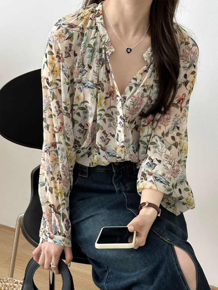 ブラウス レディース 韓国 長袖 トップス 花柄 ボタニカル バルーンスリーブ ギャザー レトロ ボヘミアン シフォン ノーおしゃれ 