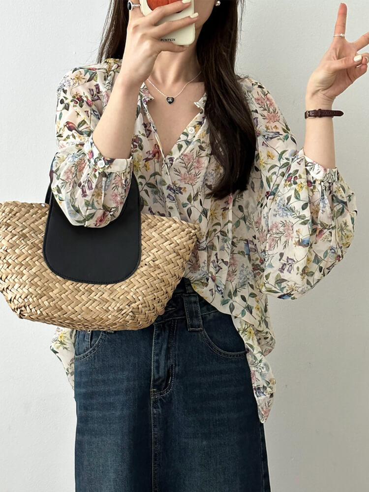 ブラウス レディース 韓国 長袖 トップス 花柄 ボタニカル バルーンスリーブ ギャザー レトロ ボヘミアン シフォン ノーおしゃれ 