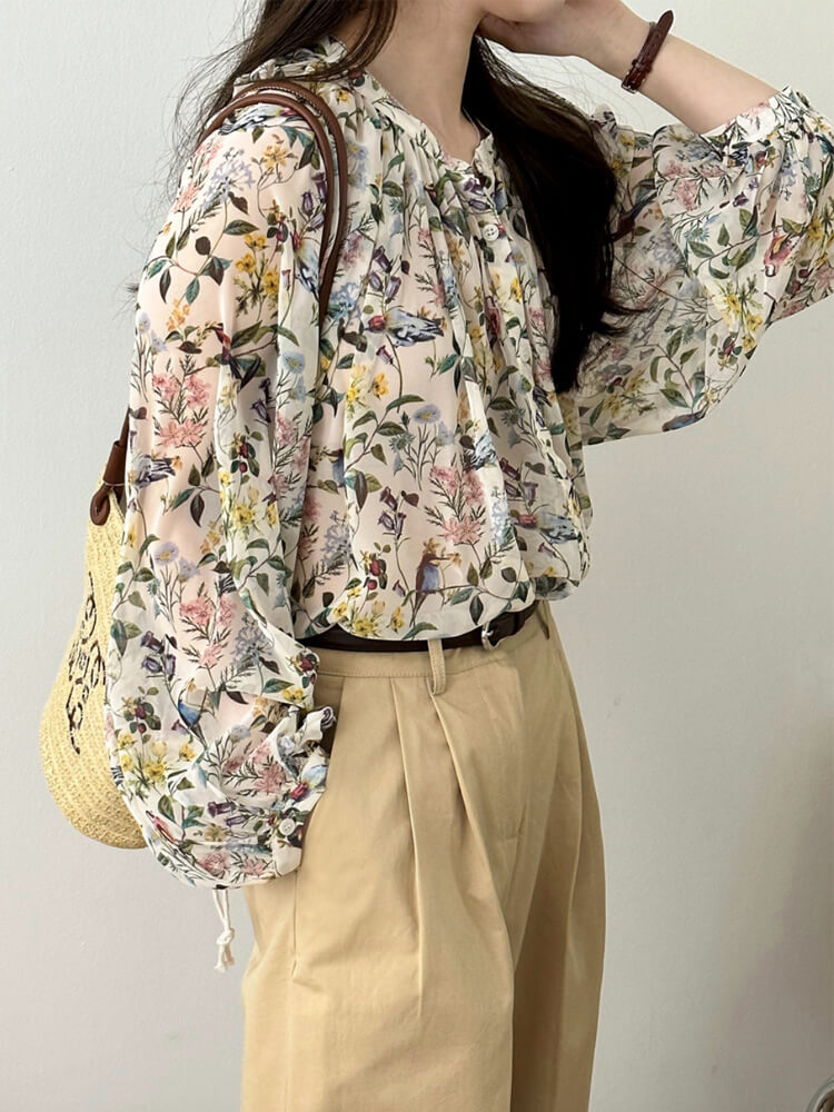 ブラウス レディース 韓国 長袖 トップス 花柄 ボタニカル バルーンスリーブ ギャザー レトロ ボヘミアン シフォン ノーおしゃれ 