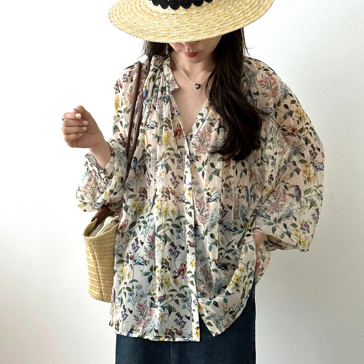 ブラウス レディース 韓国 長袖 トップス 花柄 ボタニカル バルーンスリーブ ギャザー レトロ ボヘミアン シフォン ノーおしゃれ 