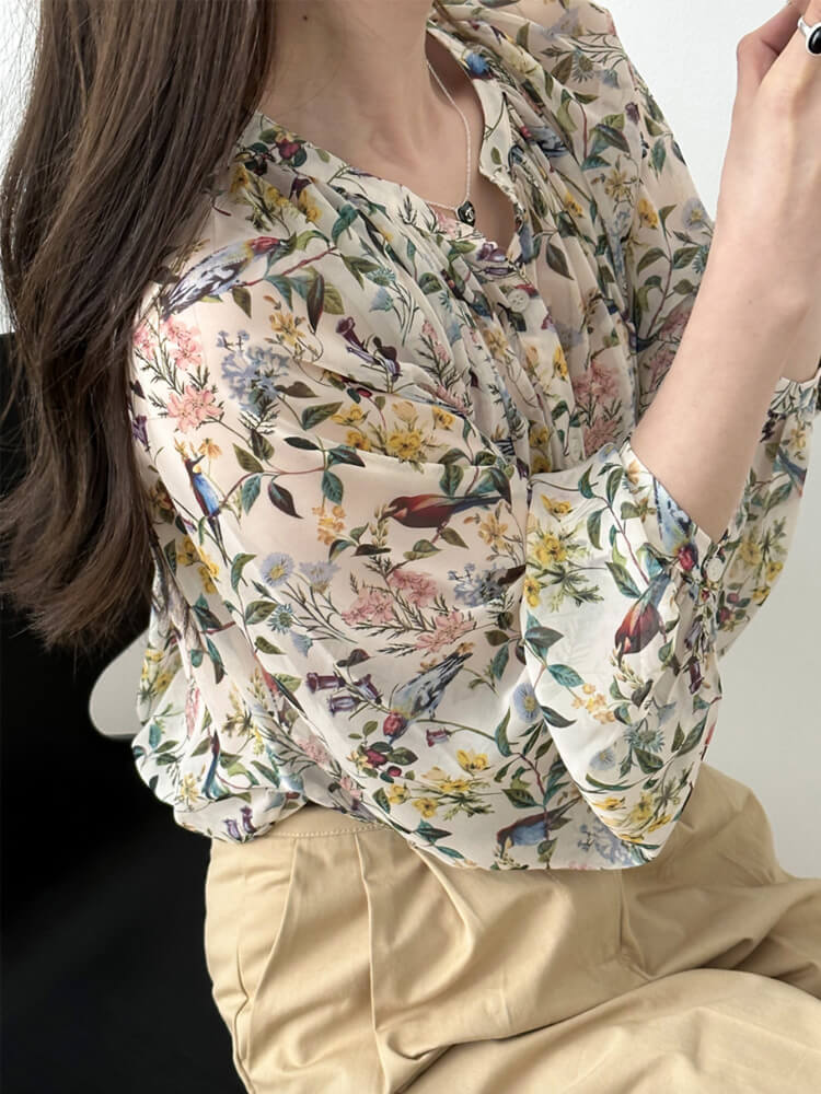 ブラウス レディース 韓国 長袖 トップス 花柄 ボタニカル バルーンスリーブ ギャザー レトロ ボヘミアン シフォン ノーおしゃれ 