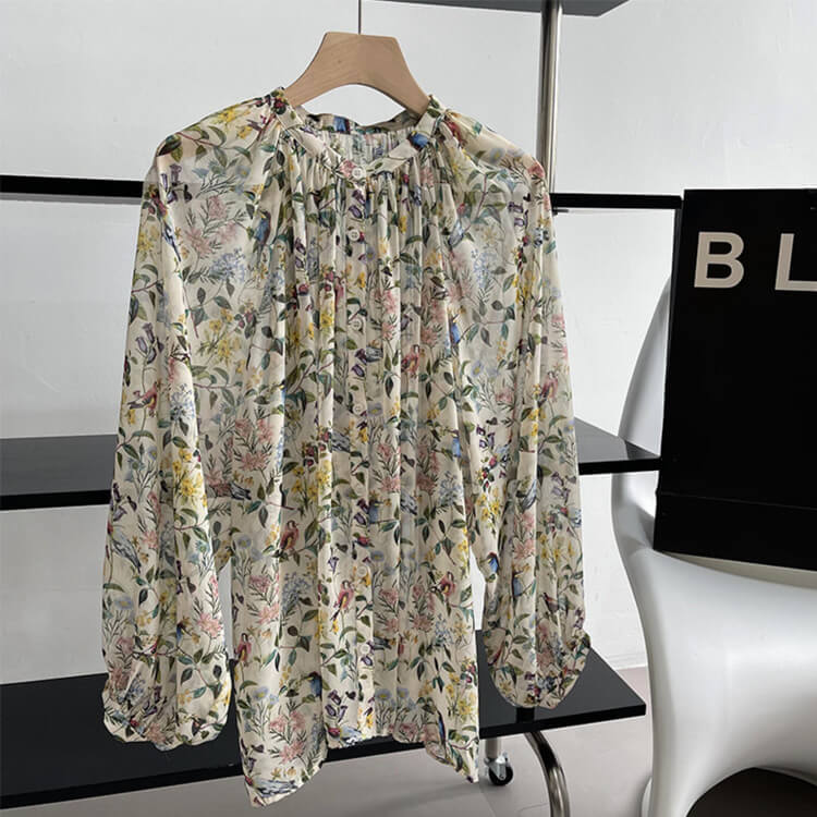 ブラウス レディース 韓国 長袖 トップス 花柄 ボタニカル バルーンスリーブ ギャザー レトロ ボヘミアン シフォン ノーおしゃれ 