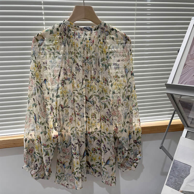 ブラウス レディース 韓国 長袖 トップス 花柄 ボタニカル バルーンスリーブ ギャザー レトロ ボヘミアン シフォン ノーおしゃれ 