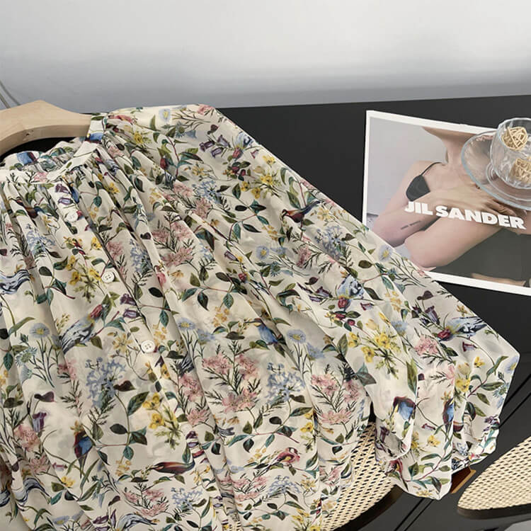ブラウス レディース 韓国 長袖 トップス 花柄 ボタニカル バルーンスリーブ ギャザー レトロ ボヘミアン シフォン ノーおしゃれ 
