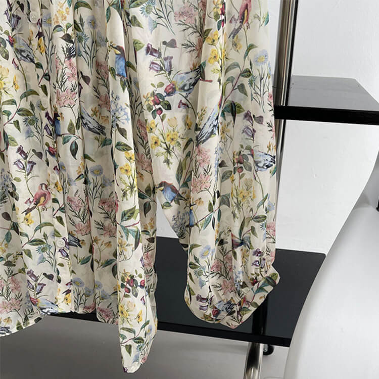 ブラウス レディース 韓国 長袖 トップス 花柄 ボタニカル バルーンスリーブ ギャザー レトロ ボヘミアン シフォン ノーおしゃれ 