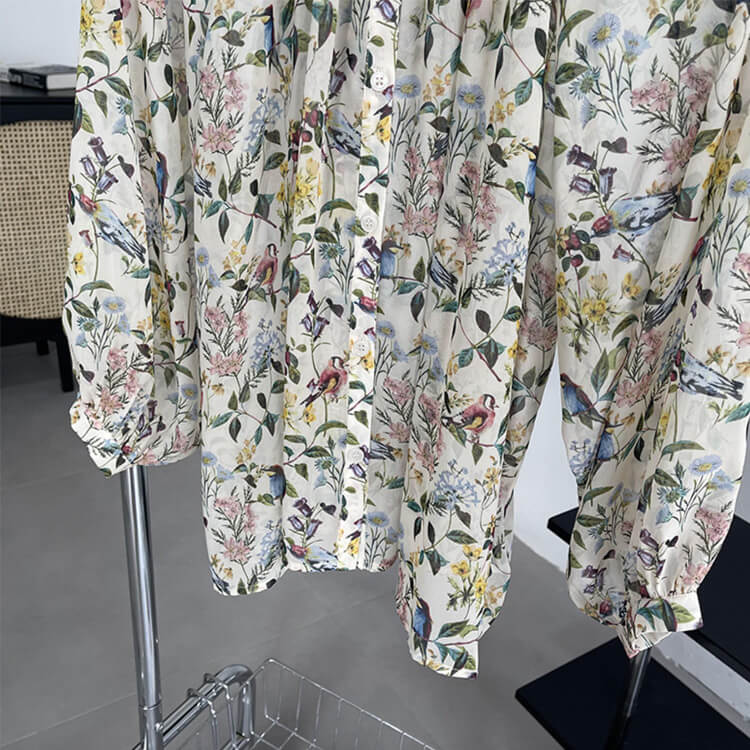 ブラウス レディース 韓国 長袖 トップス 花柄 ボタニカル バルーンスリーブ ギャザー レトロ ボヘミアン シフォン ノーおしゃれ 