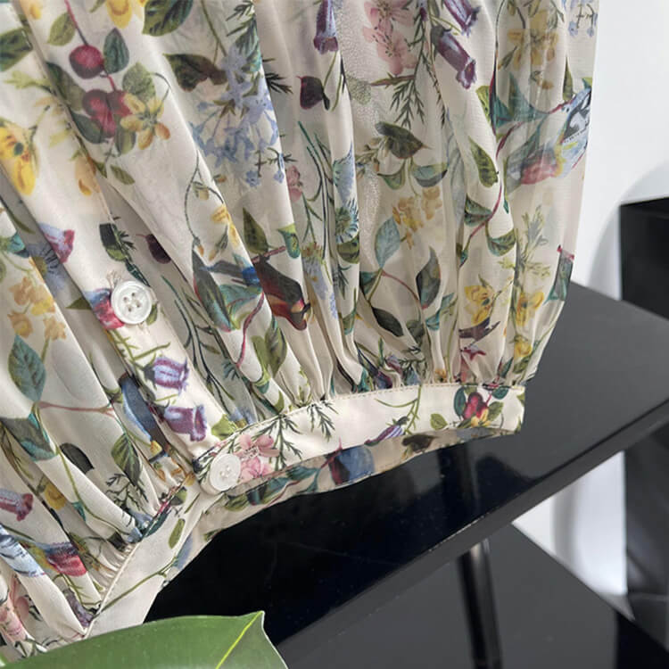 ブラウス レディース 韓国 長袖 トップス 花柄 ボタニカル バルーンスリーブ ギャザー レトロ ボヘミアン シフォン ノーおしゃれ 