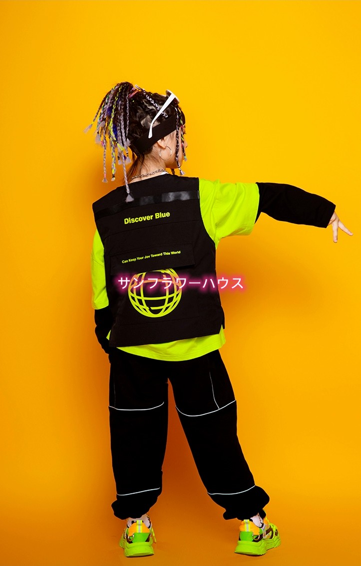 キッズダンス 衣装 セットアップ ヒップホップ ファッション ダンス衣装 韓国 オレンジ K-POP 黒 女の子 黄緑 男の子 ズボン 