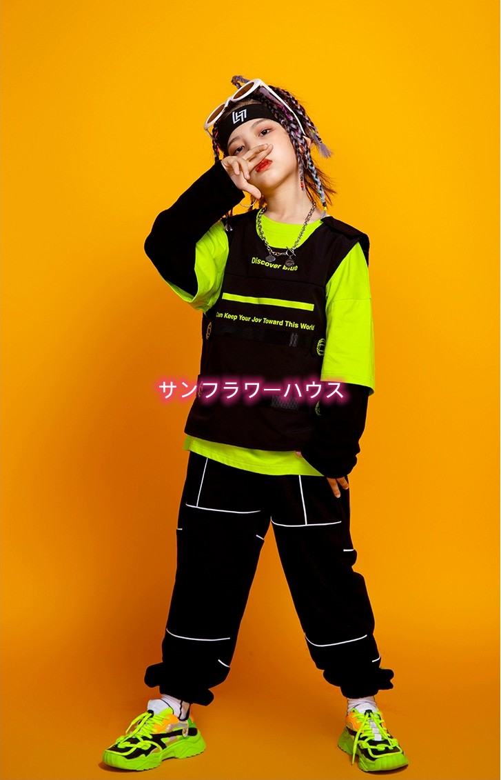 キッズダンス 衣装 セットアップ ヒップホップ ファッション ダンス衣装 韓国 オレンジ K-POP 黒 女の子 黄緑 男の子 ズボン 